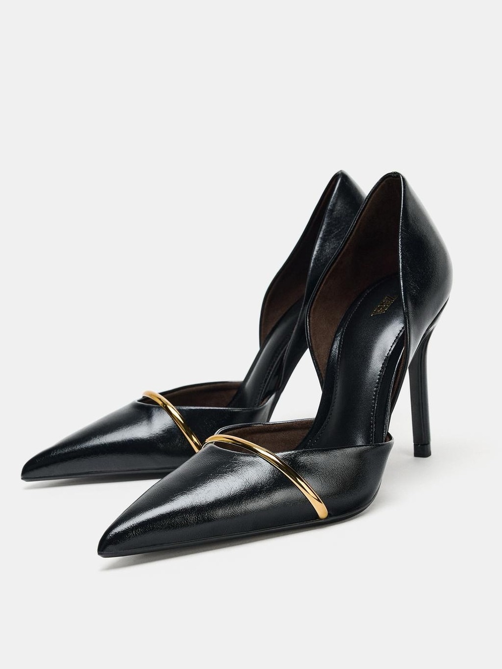 NWOT Zara Black Gold D’Orsay Pumps EU 38 Pointed Toe Stiletto Heels 3.7"